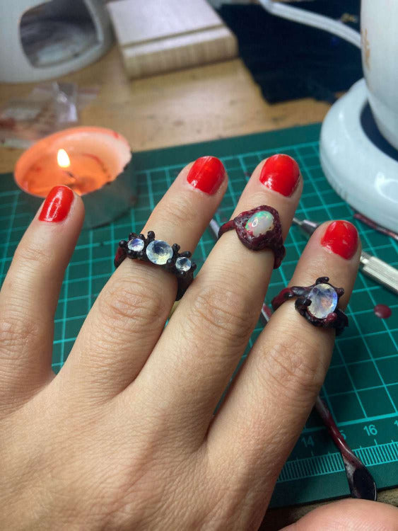 Human Made Wax Ring Design with Moonstone and Opal
