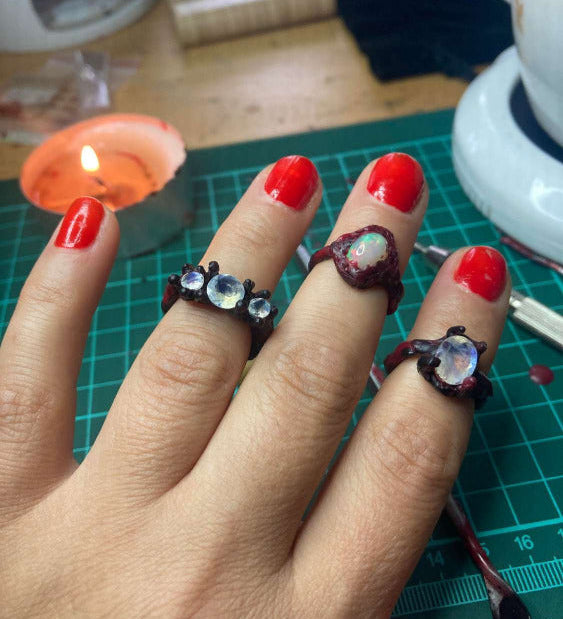 Human Made Wax Ring Design with Moonstone and Opal