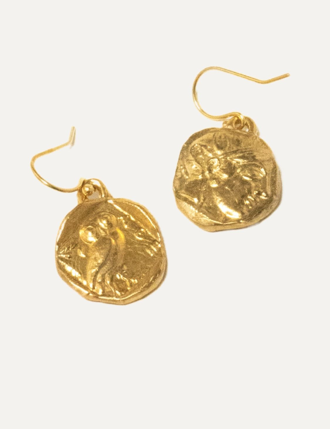 Owl and Goddess Athena Gold coin earrings on a white background | The Bow Jewelry