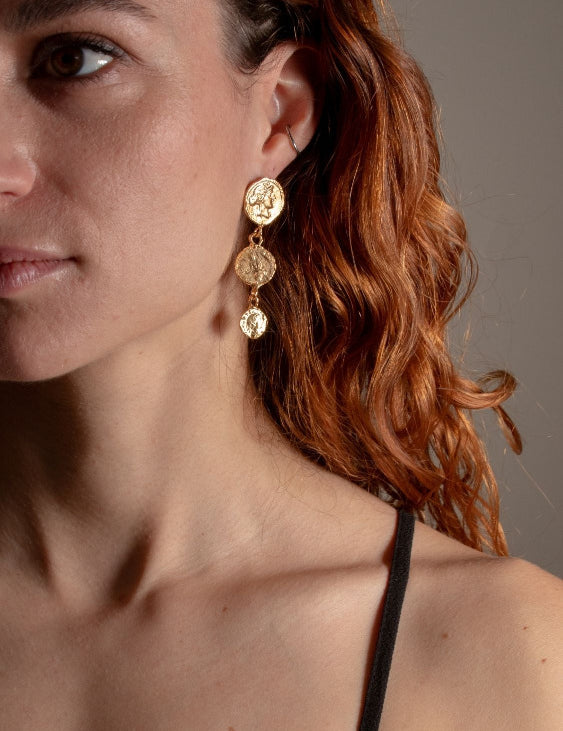 Goddess Coin Tiered Earring 18kt gold plated on model| The Bow Jewelry