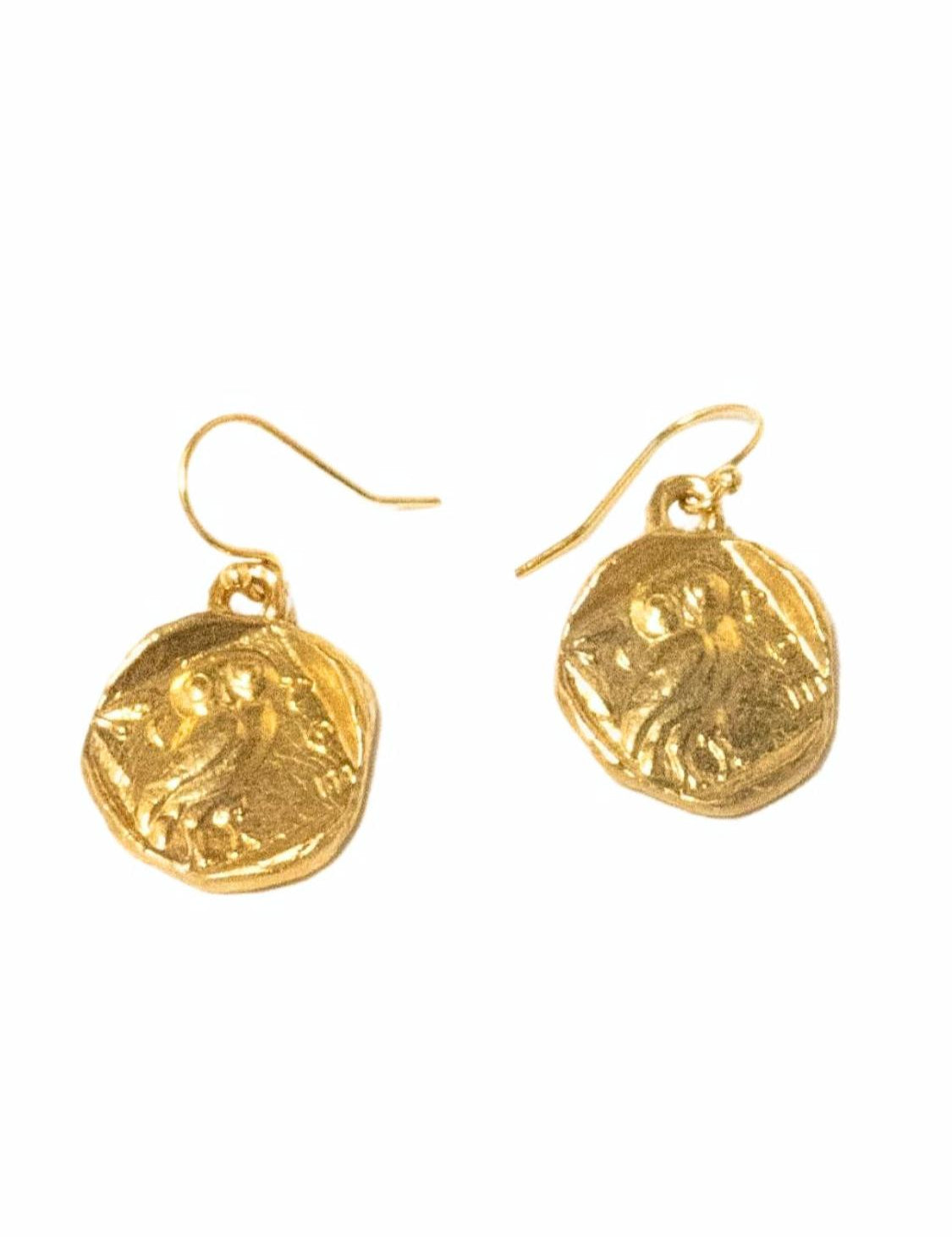 Owl Goddess Gold coin earrings on a white background | The Bow Jewelry
