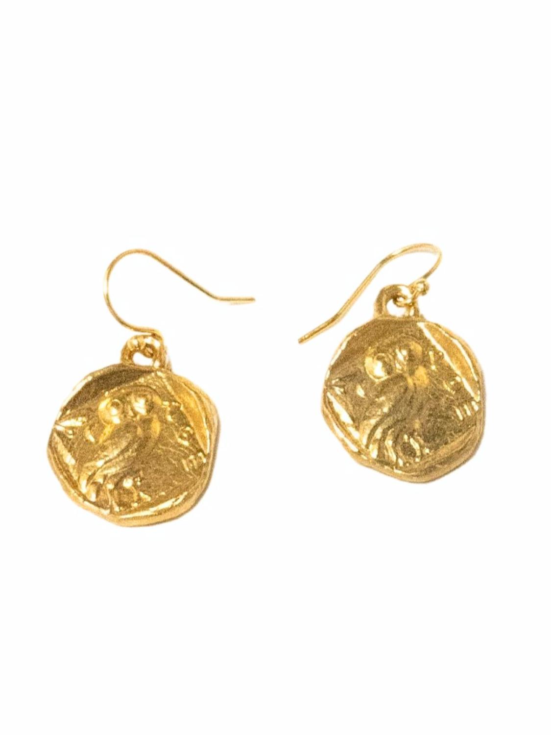 Owl Goddess Gold coin earrings on a white background | The Bow Jewelry