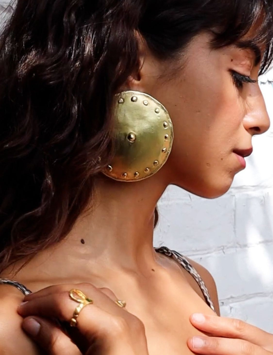 Shield Shape Amazonian Inspired Earrings on Model | The Bow Jewelry
