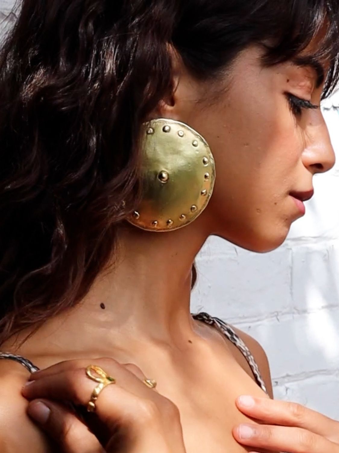 Shield Shape Amazonian Inspired Earrings on Model | The Bow Jewelry