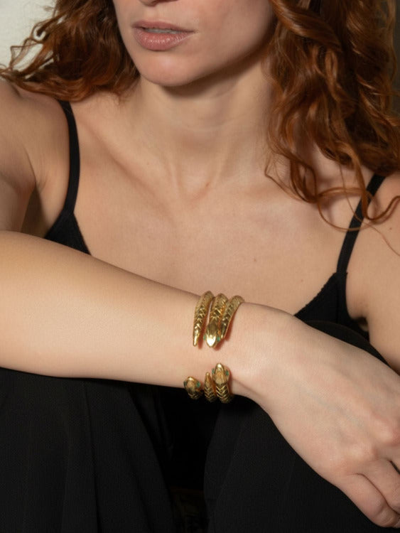 Venom Emerald Snake Cuff sculptural Jewelry styled on model 18kt gold plated| The Bow Jewelry
