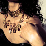 Close up of model wearing 1917 Statement Choker and Mata Hari sculptural Jewelry | The Bow Jewelry