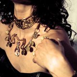 Close up of model wearing 1917 Statement Choker and Mata Hari sculptural Jewelry | The Bow Jewelry