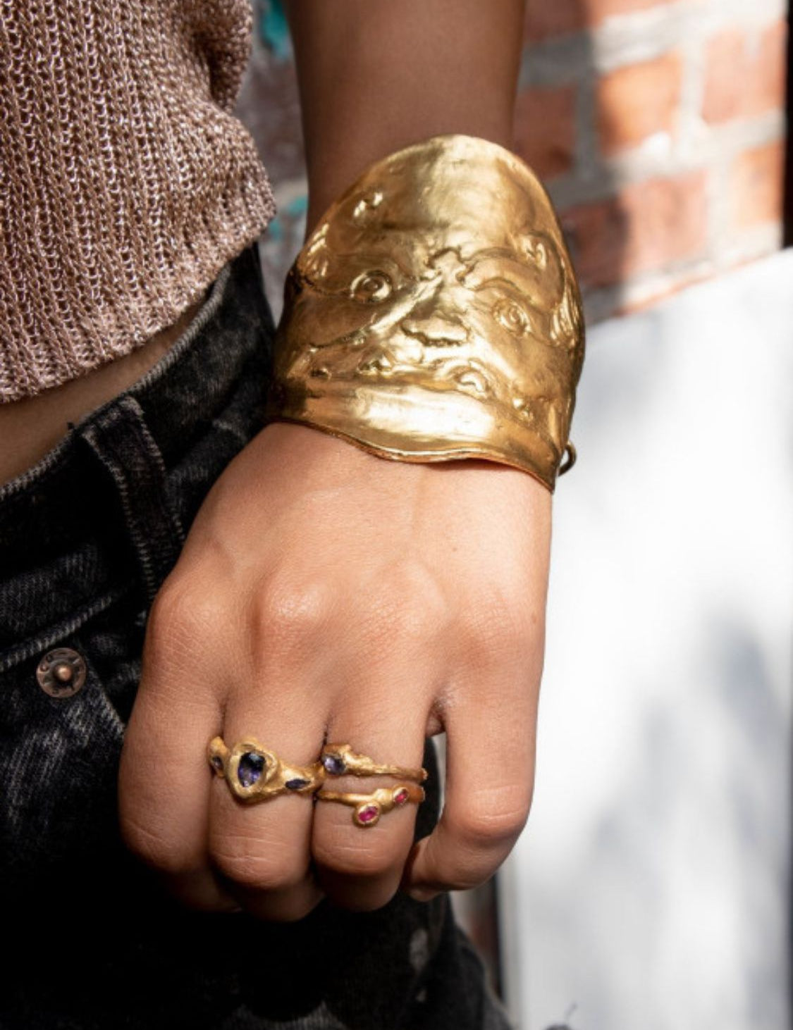 Model wearing Guardian Cuff Bracelet Inspired by the Gorgon Symbolism | The Bow Jewelry