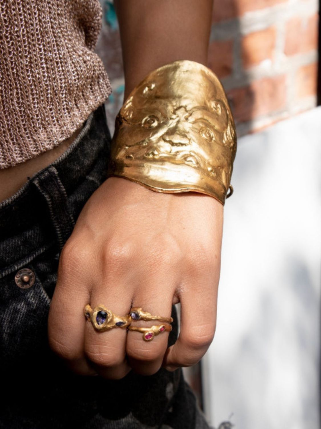 Model wearing Guardian Cuff Bracelet Inspired by the Gorgon Symbolism | The Bow Jewelry