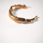 Gold sculptural hoops on a light grey background