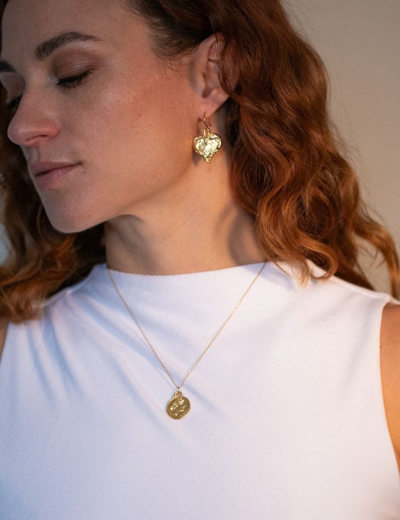 Molten Textured Brazen Heart Earrings on Model | The Bow Jewelry