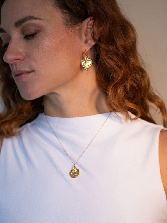 Molten Textured Brazen Heart Earrings on Model | The Bow Jewelry