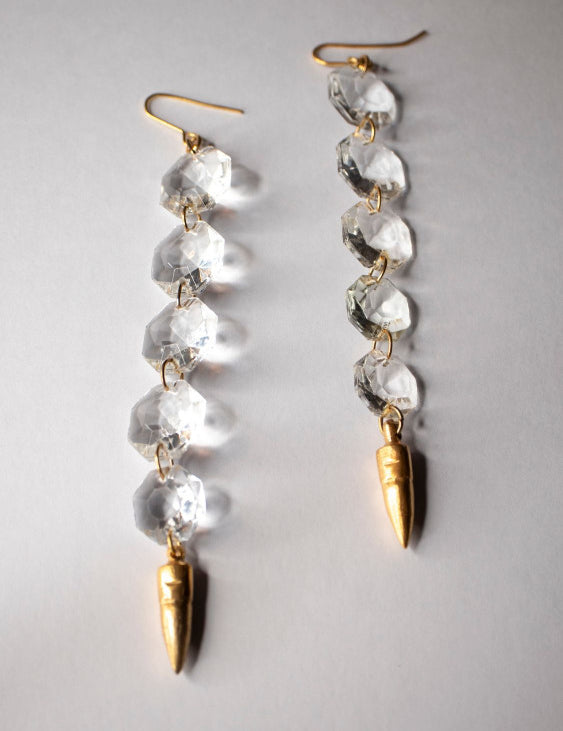 Notorious gold-plated chandelier crystal earrings with a vintage design, featuring upcycled crystals and a lost-wax casting process.| The Bow Jewelry