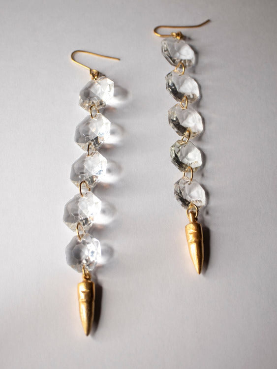 Notorious gold-plated chandelier crystal earrings with a vintage design, featuring upcycled crystals and a lost-wax casting process.| The Bow Jewelry