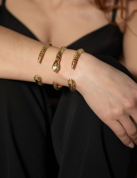 Venom Emerald Snake Cuff sculptural Jewelry styled on model | The Bow Jewelry