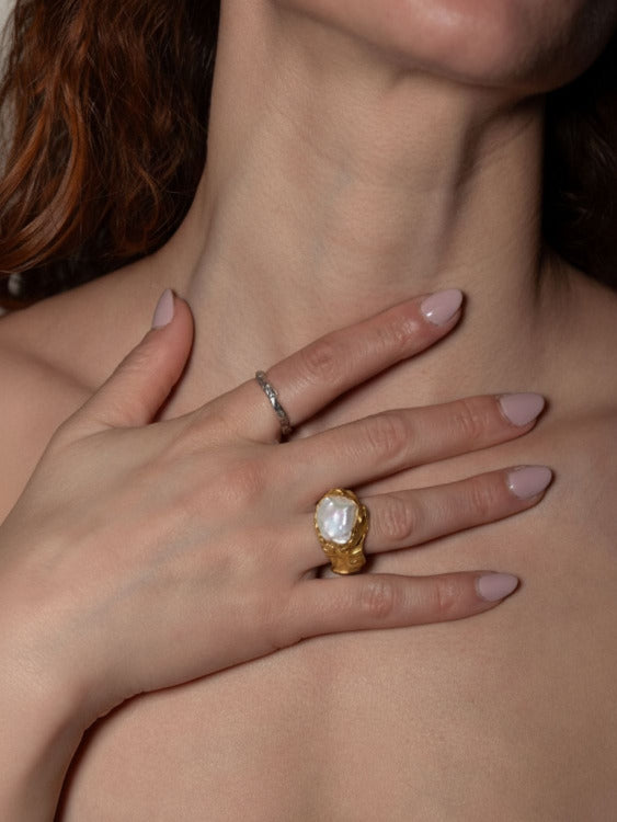 Aphrodite's Temple Ring 18kt Gold plated ring with a large pearl on model hand styled with silver ring | The Bow Jewelry
