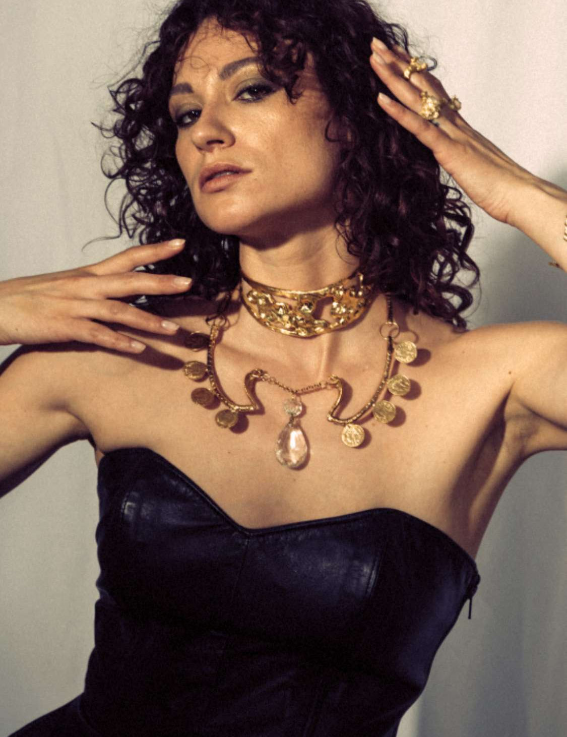 Model wearing 1917 Statement Choker and Mata Hari Serpent Necklace sculptural Jewelry | The Bow Jewelry