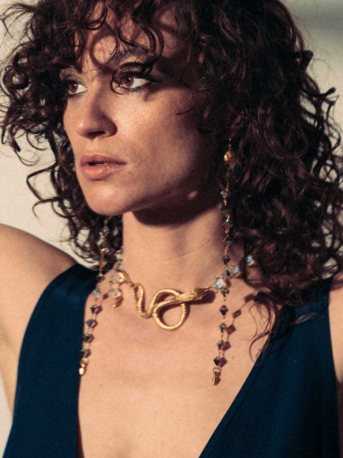 Model wearing Illusion Vintage Crystal & Serpent Choker Necklace | The Bow Jewelry
