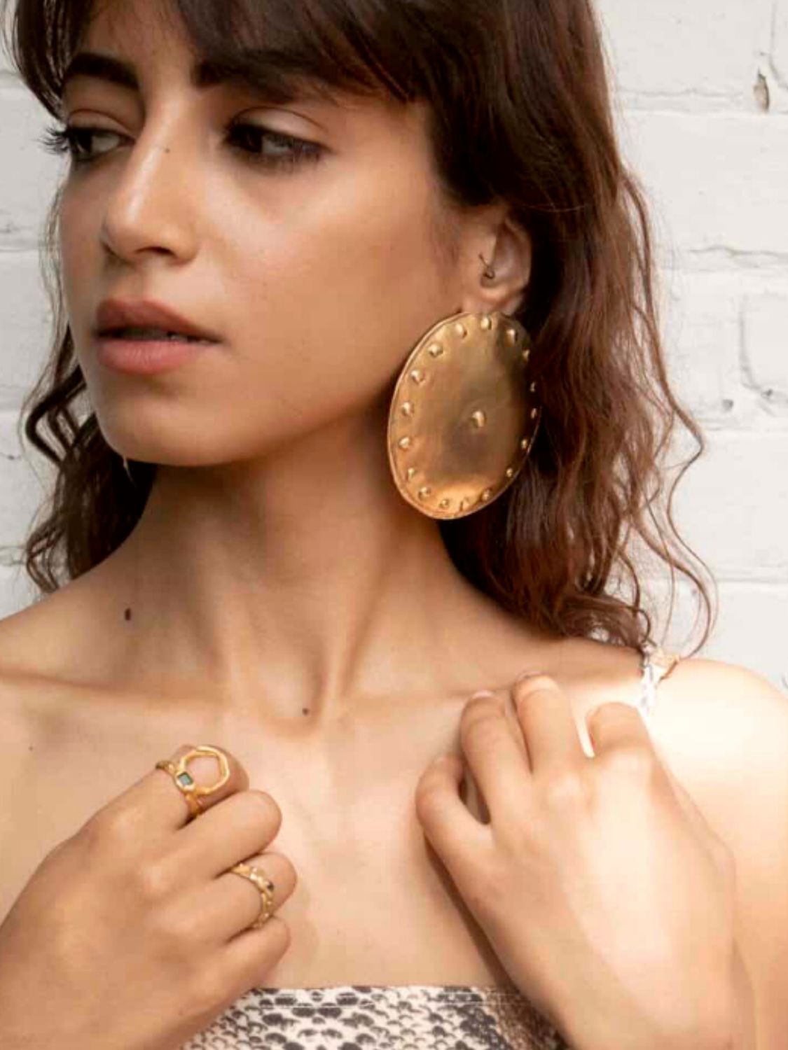 Shield Shape Statement Amazonian Inspired Earrings on Model | The Bow Jewelry