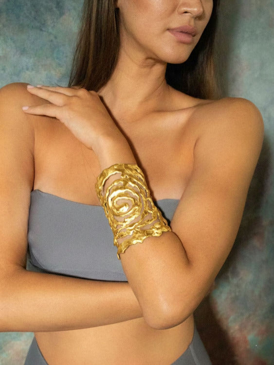 Eterna Cuff Gold plated sculptural textured Cuff Bracelet on model | The Bow Jewelry