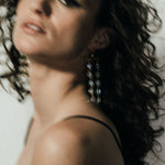 Model wearing Fatale gold and crystal earrings | The Bow Jewelry