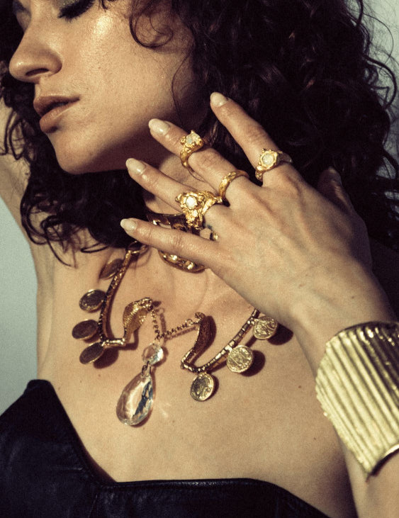 Model wearing Divinity Moonstone Nyx and Zodiac Ring | The Bow Jewelry