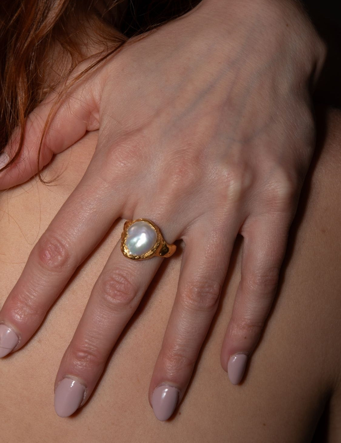 MIni Aurora Peal Ring on Hand | The Bow Jewelry