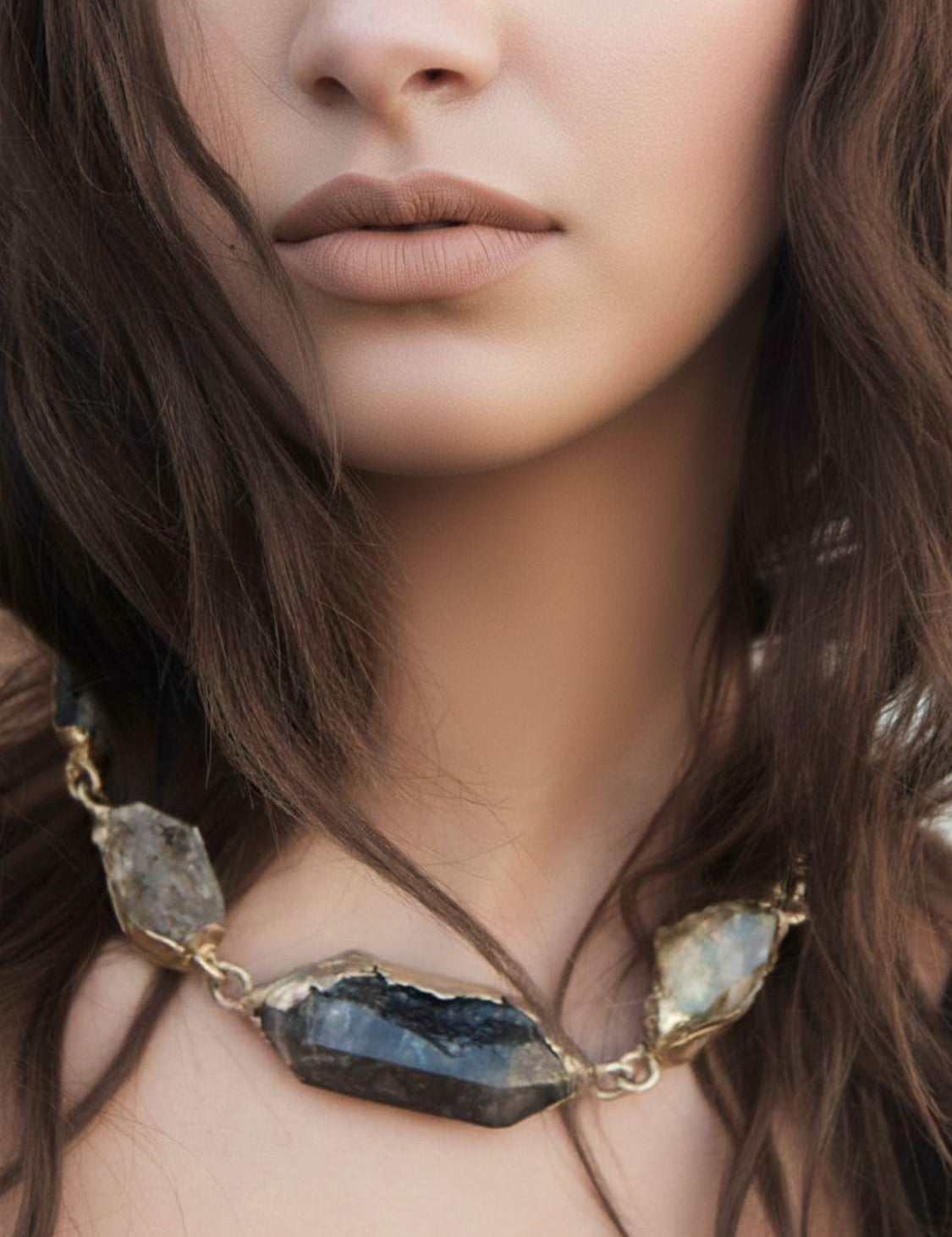 Model wearing Natural Collector Quartz Dark Feminine Necklace | The Bow Jewelry