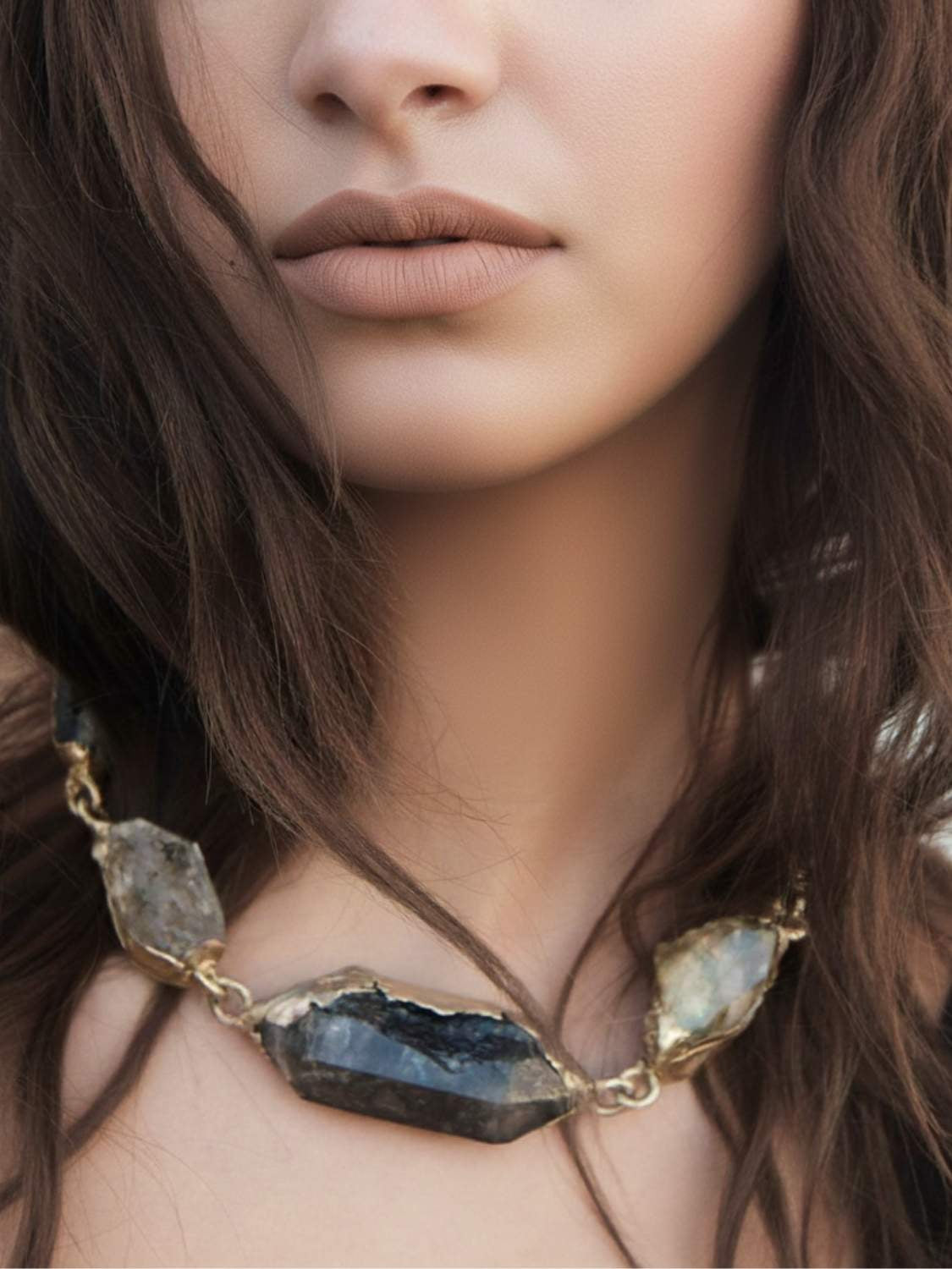 Model wearing Natural Collector Quartz Dark Feminine Necklace | The Bow Jewelry