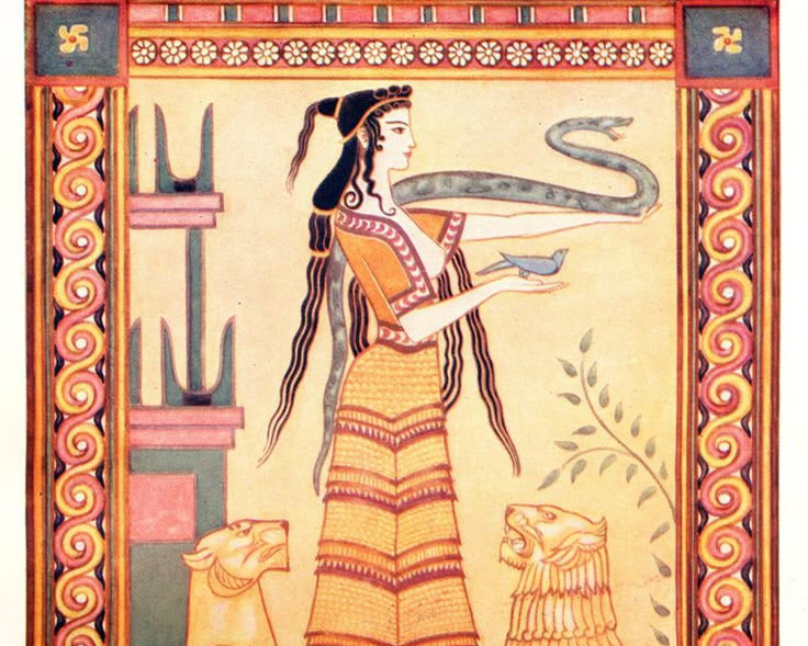 Decorative illustration of a snake-goddess from Crete with intricate border