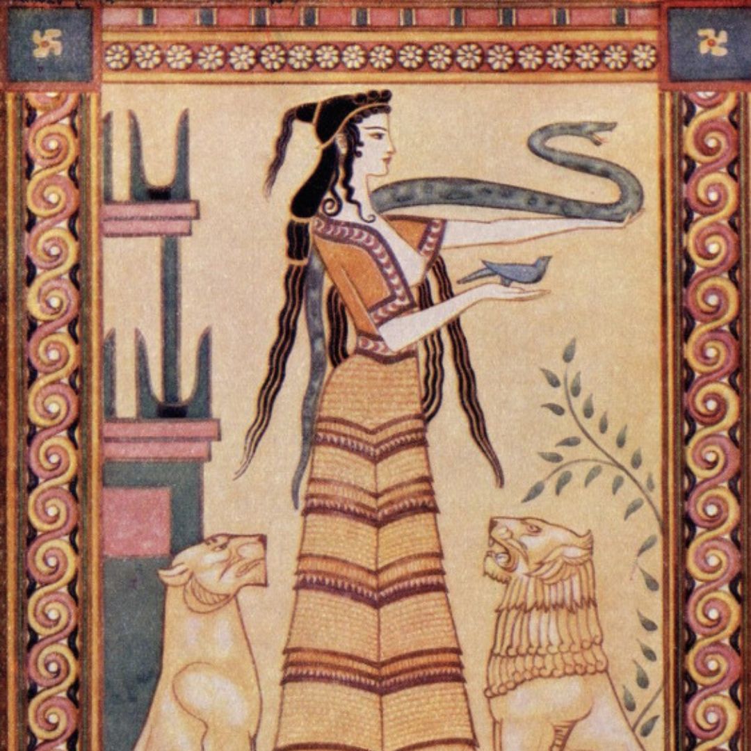 Decorative panel with a woman holding a snake, surrounded by decorative elements