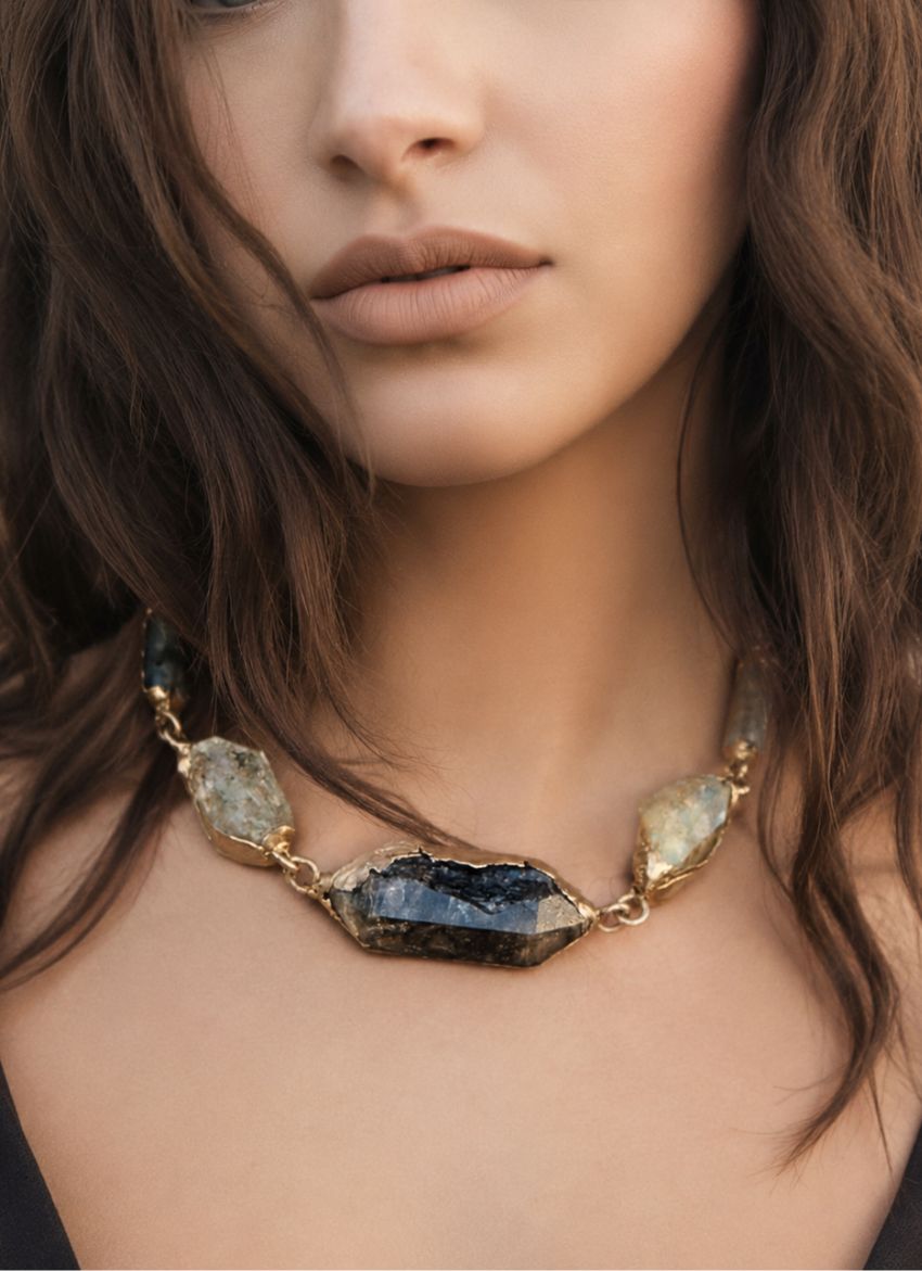 Dark Feminine Necklace on Model - The Bow Jewelry