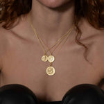 Goddess Tyche Pendant 18kt gold plated on model | The Bow Jewelry