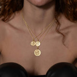 Goddess Tyche Pendant 18kt gold plated on model | The Bow Jewelry