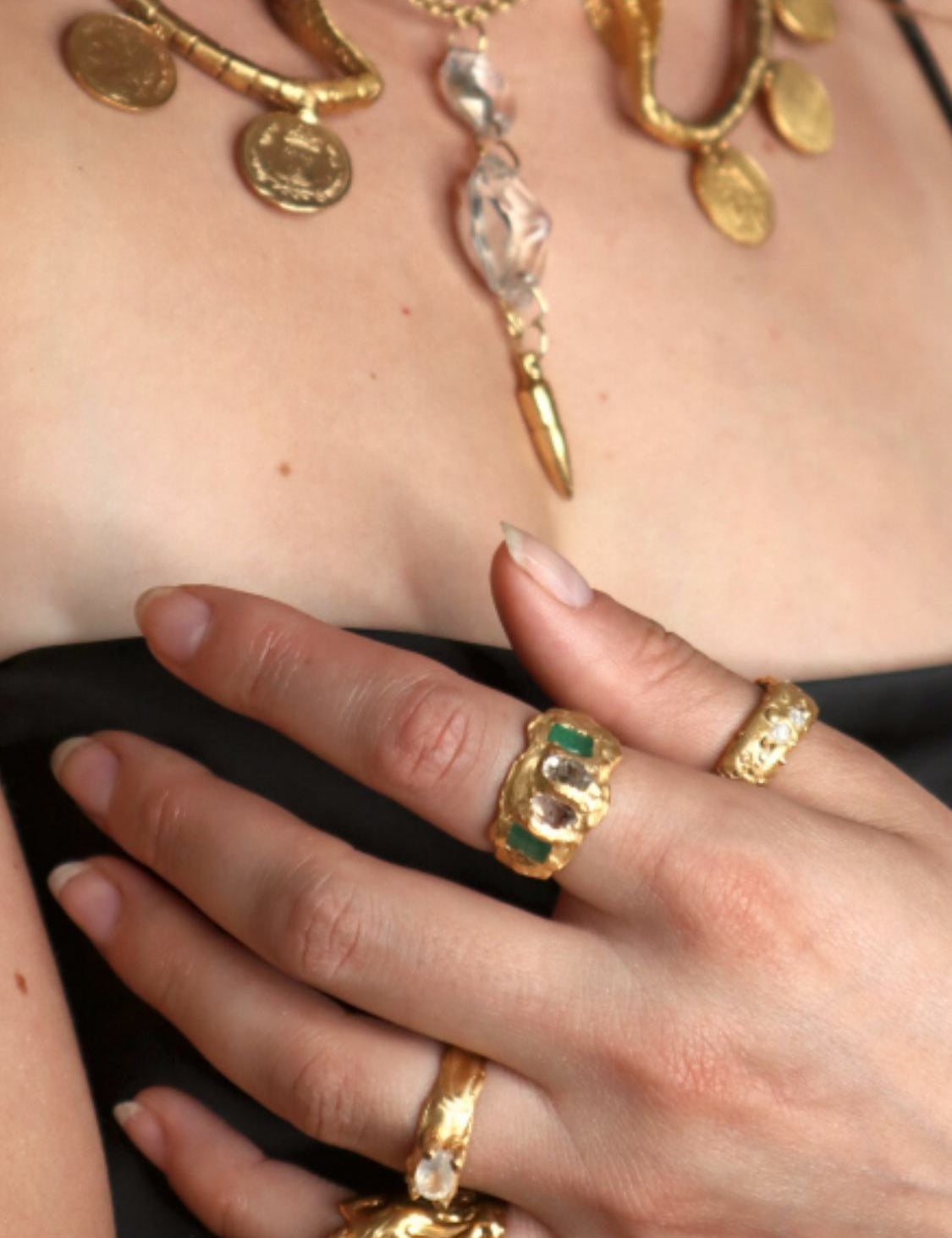 Perseus Emerald and Quartz 18kt Gold plated ring on model | The Bow Jewelry