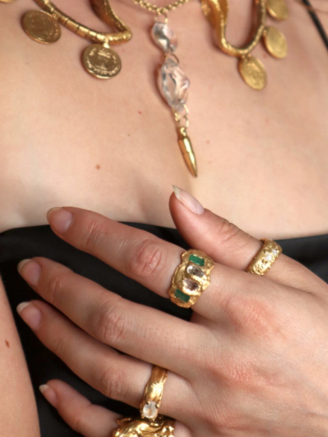 Perseus Emerald and Quartz 18kt Gold plated ring on model | The Bow Jewelry