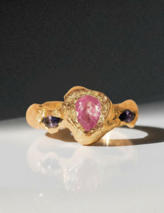 Andromeda Gold plated ring with a pink sapphire and tanzanite gemstones | The Bow Jewelry