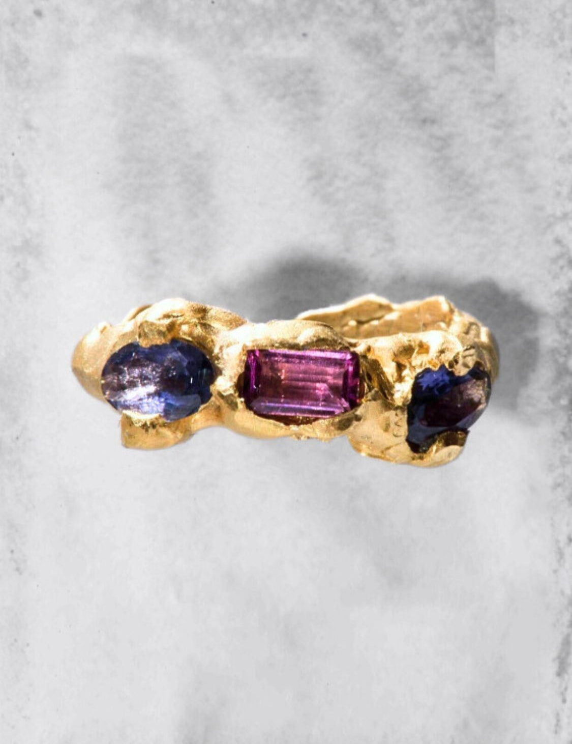 Gold plated Orion ring with Tourmaline and Tanzanite gemstones on a textured base | The Bow Jewelry