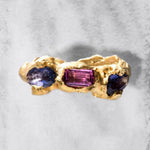 Gold plated Orion ring with Tourmaline and Tanzanite gemstones on a textured base | The Bow Jewelry