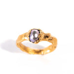 Venus Gold plated ring with a grey pearl on a white background | The Bow Jewelry