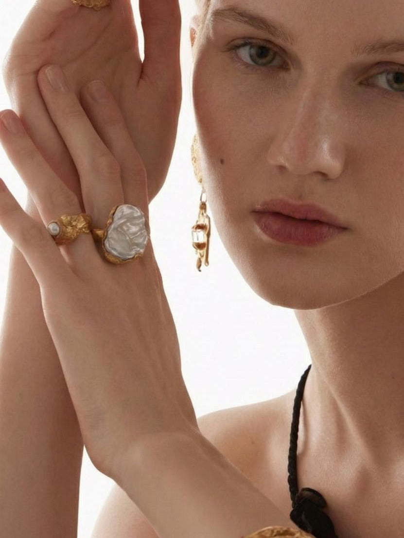 Aurora Pear Ring, Ascendant Earrings, Alchemist Finger Tip Ring on Model | The Bow Jewelry