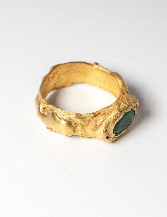Gold ring with oval emerald on a white background  | The Bow Jewelry