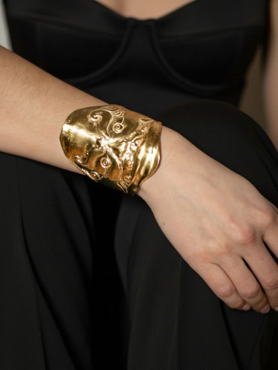 Model wearing Guardian Cuff Bracelet Inspired by the Gorgon Symbolism | The Bow Jewelry
