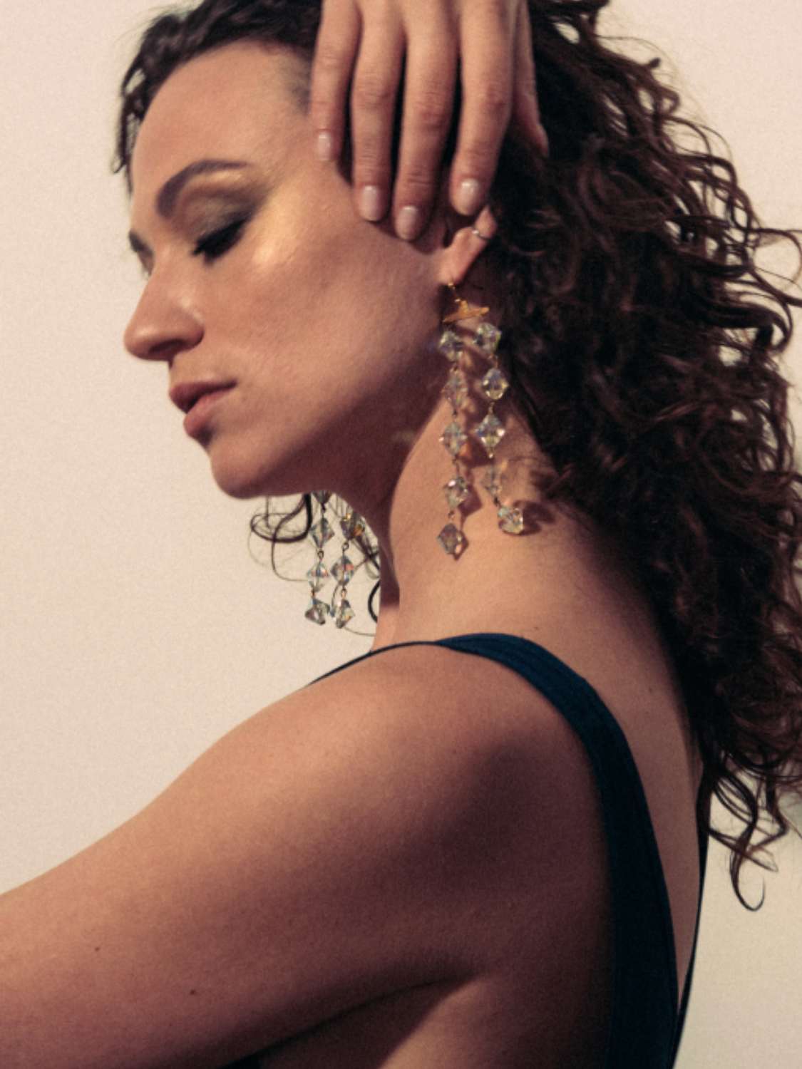 Model wearing Mistress Vintage Crystal earrings | The Bow Jewelry