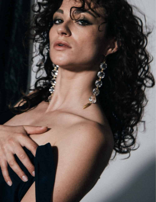 Model wearing Notorious Crystal Chandelier Earrings | The Bow Jewelry