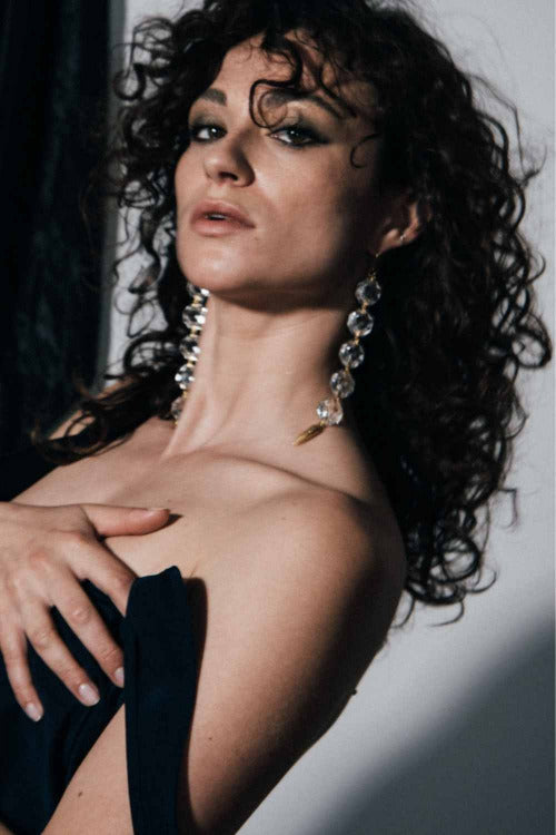 Model wearing Notorious Crystal Chandelier Earrings | The Bow Jewelry