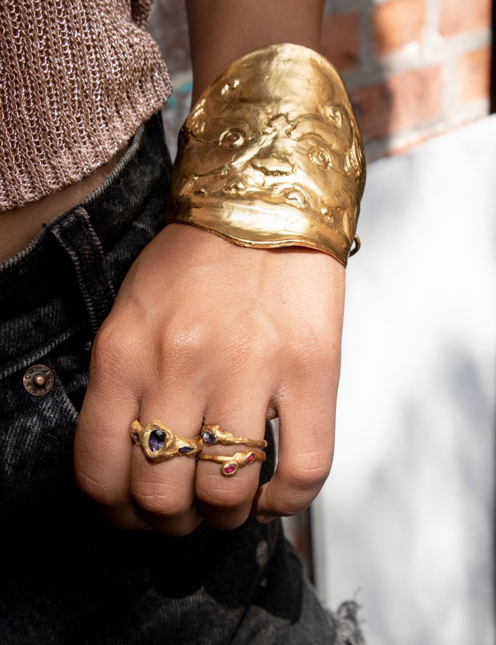 Model wearing Guardian Cuff Bracelet Inspired by the Gorgon Symbolism | The Bow Jewelry