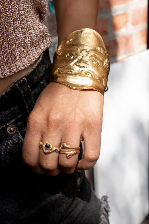 Model wearing Guardian Cuff Bracelet Inspired by the Gorgon Symbolism | The Bow Jewelry