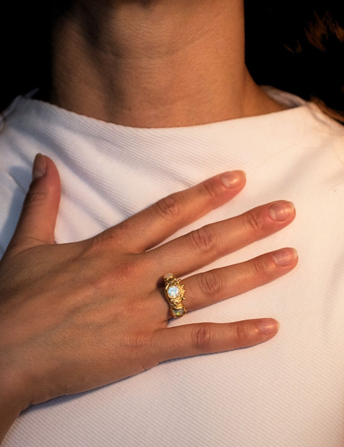 Protection Of The Goddess Moonstone Opal Ring sculptural Jewelry | The Bow Jewelry