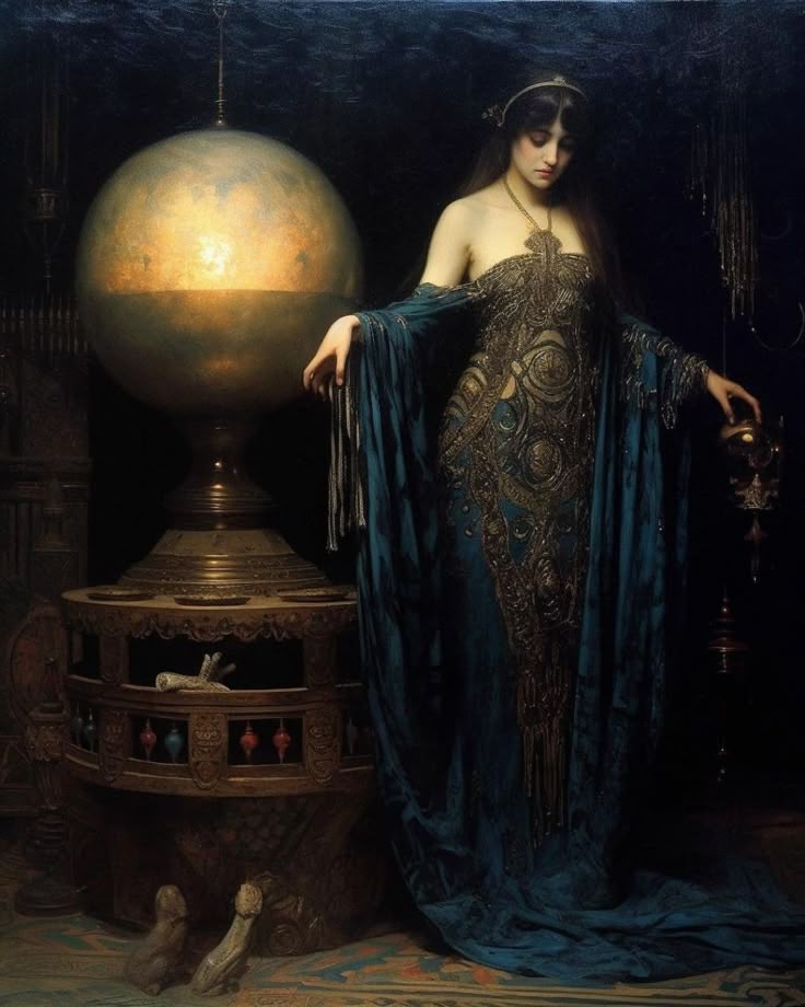 Woman in an ornate dress standing next to a large globe in a dark, mystical setting.